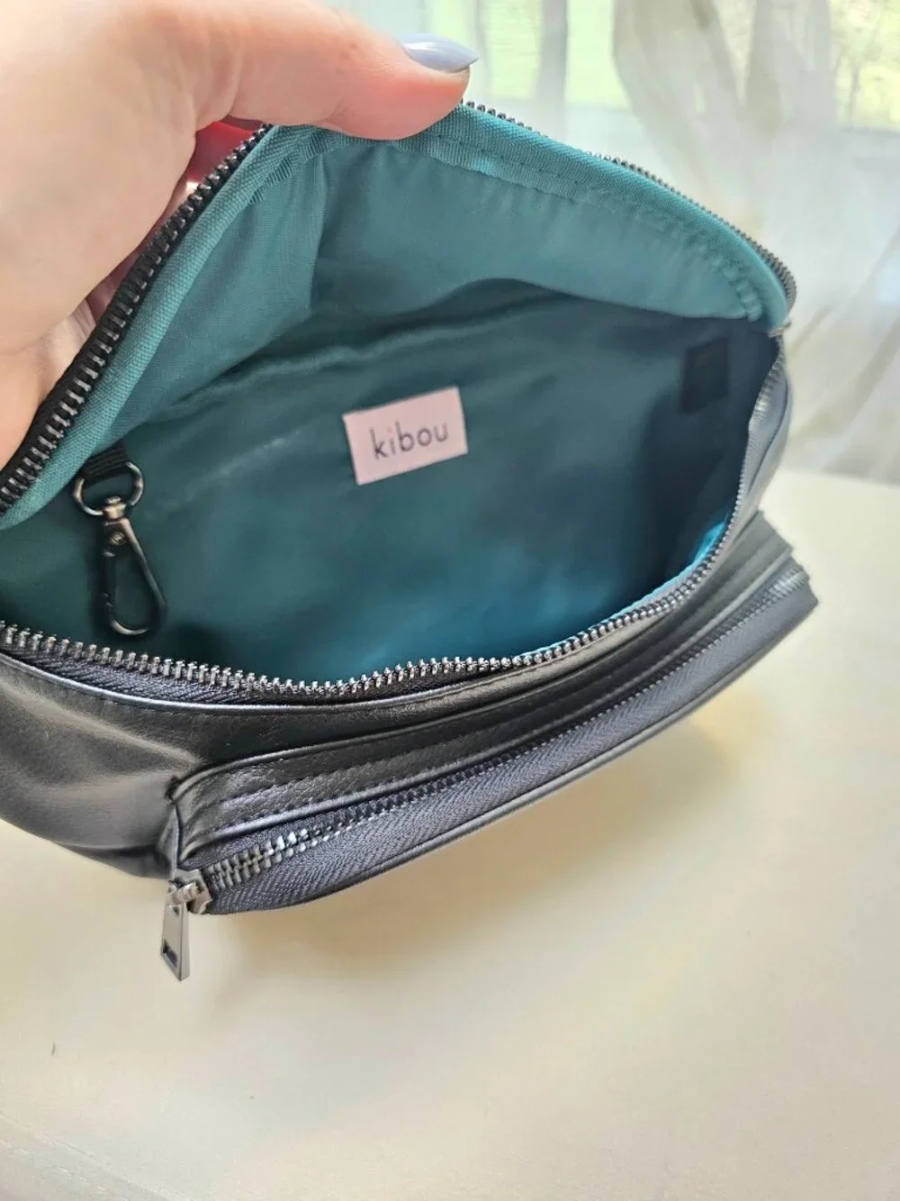 Kibou Vegan Leather Diaper Bag Black Changing Pad Wipes Pocket Belt Bag